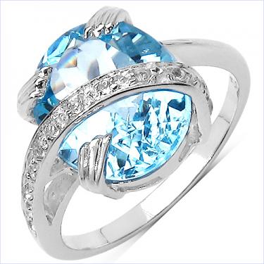 Dazzling Womens White Gold Rhodium Over Solid Sterling Silver 5.25 CTW Swiss Blue Topaz and 0.13 CTW White Topaz Size 7 Designer Cocktail Ring