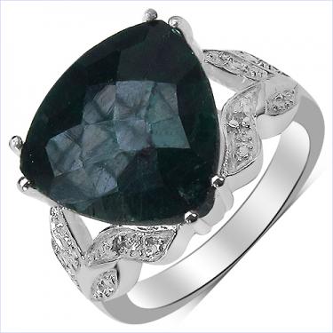 Women's 14K white gold over silver ring with 6.85 CTW trillion-cut AA-grade emerald and round-cut diamond accents in designer setting size 7