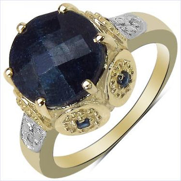 Gorgeous Womens 14K Yellow Gold Over Solid Sterling Silver Diamonds and 3.22 CTW Sapphire Size 7 Designer Ring