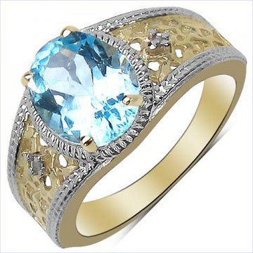 Women’s 14K gold over silver ring with oval-cut Swiss blue topaz and diamond accents size 7