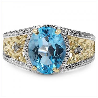 Women’s 14K gold plated over silver ring with 3.25 CTW oval Swiss blue topaz and round diamond accents size 7
