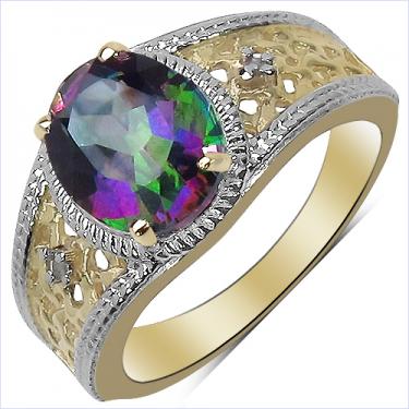 Gorgeous Women’s 14K Yellow Gold Over Sterling Silver Mystic Topaz & Diamond Ring
