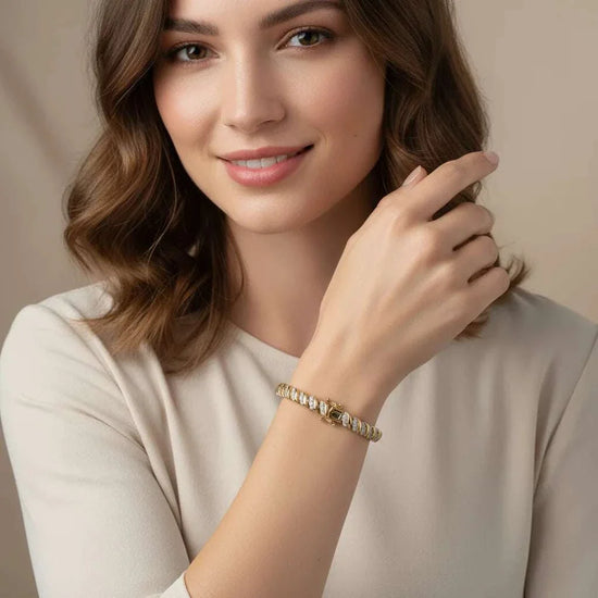 Women’s 18K yellow gold over sterling silver diamond bracelet worn on wrist