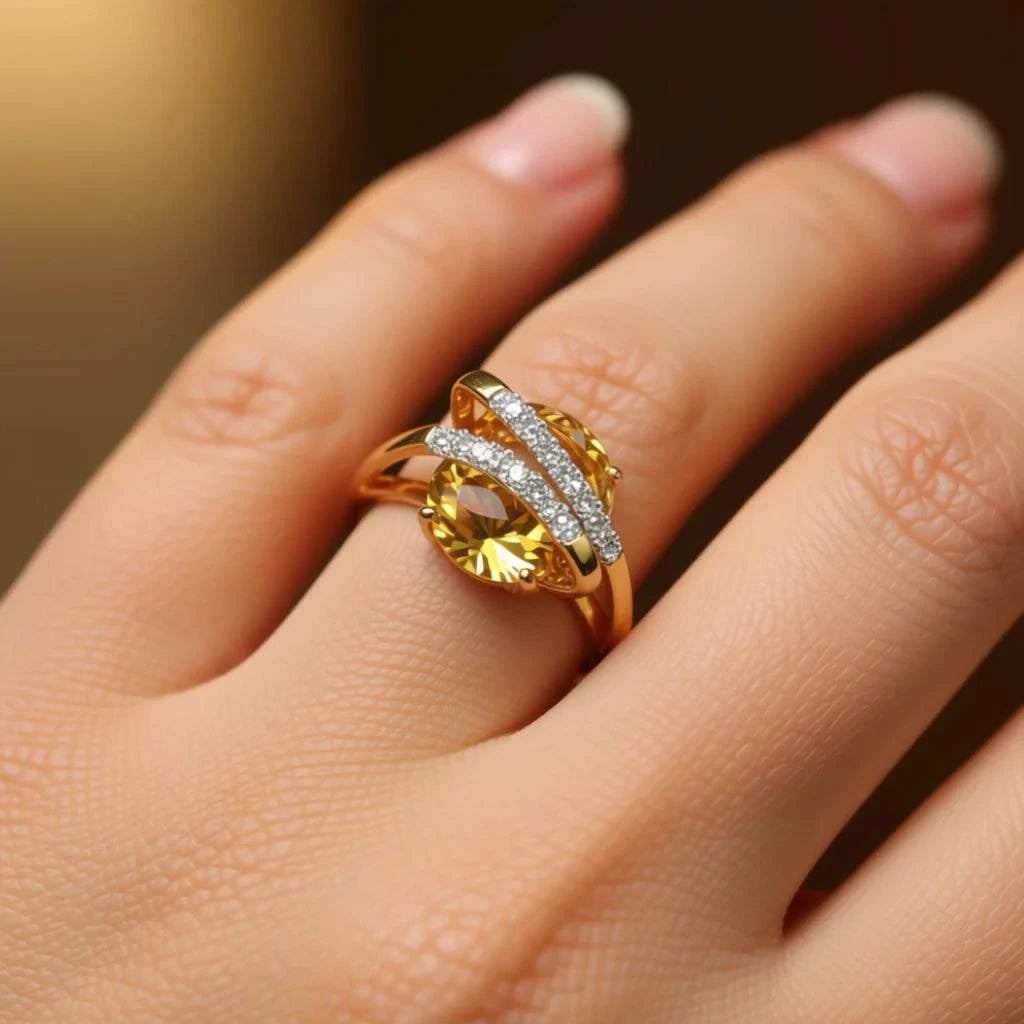 Gorgeous womens 14K yellow gold over sterling silver ring with oval citrine and round diamonds on finger