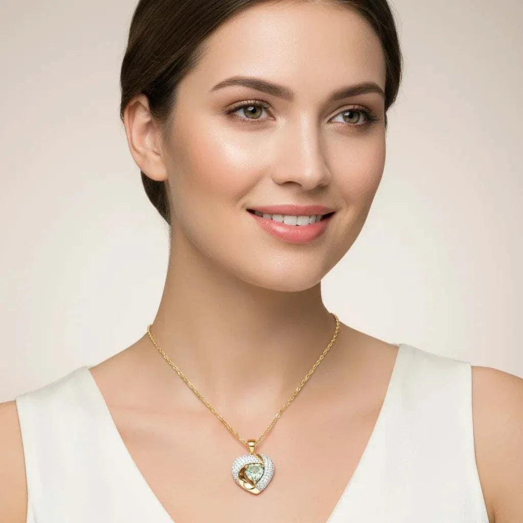 Alluring womens necklace with heart-shaped greenish amethyst and round diamonds in 14K yellow gold over sterling silver