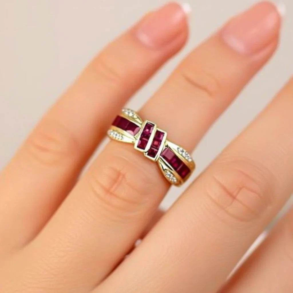 Gorgeous womens ring with emerald-cut ruby and diamond accents in 14K gold-plated sterling silver, size 7