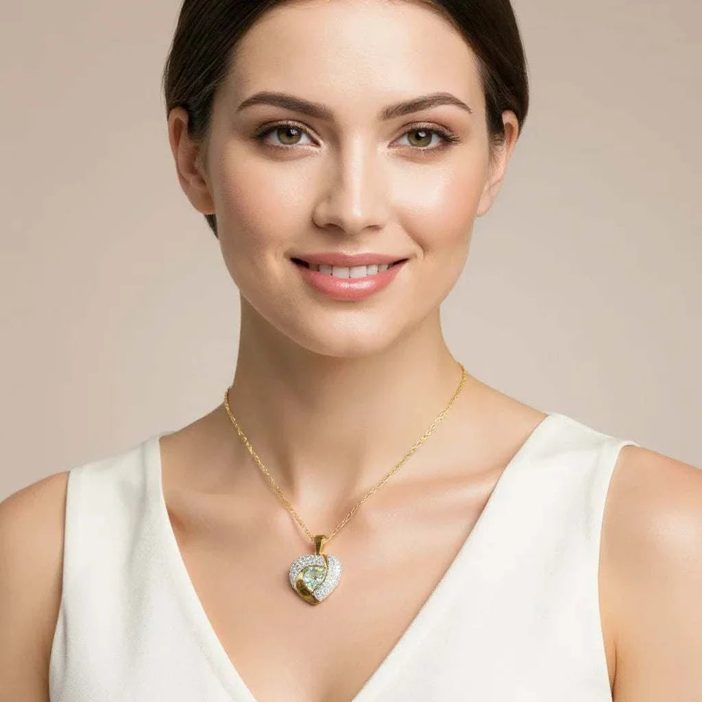 Alluring womens necklace with diamond and greenish amethyst heart pendant in 14K yellow gold over sterling silver, 18-inch length