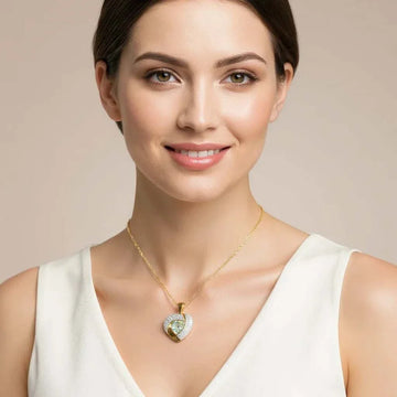 Alluring womens necklace with diamond and greenish amethyst heart pendant in 14K yellow gold over sterling silver, 18-inch length