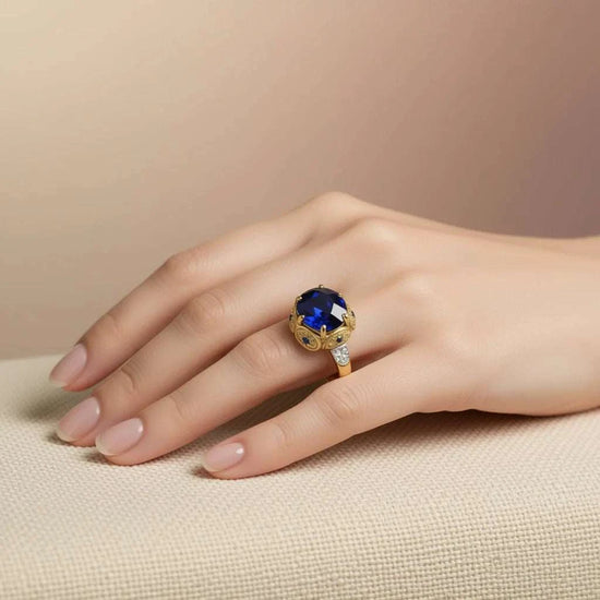 Women's 14K gold over silver ring with blue gemstone and diamond accents on hand size 7