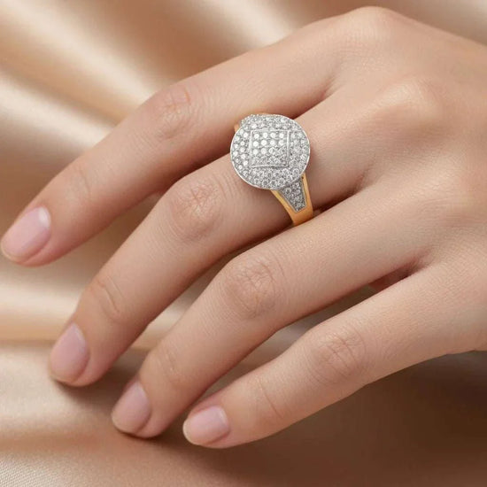 Enchanting women's 14K yellow gold diamond ring with round cut diamonds in size 7 on hand