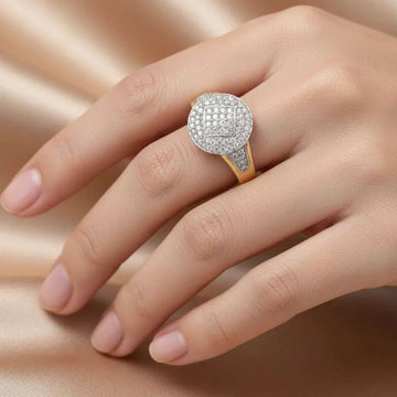 Enchanting women's 14K yellow gold diamond ring with round cut diamonds in size 7 on hand