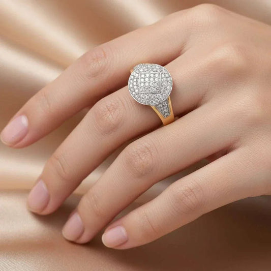 Enchanting women's 14K yellow gold diamond ring with round cut diamonds in size 7 on hand