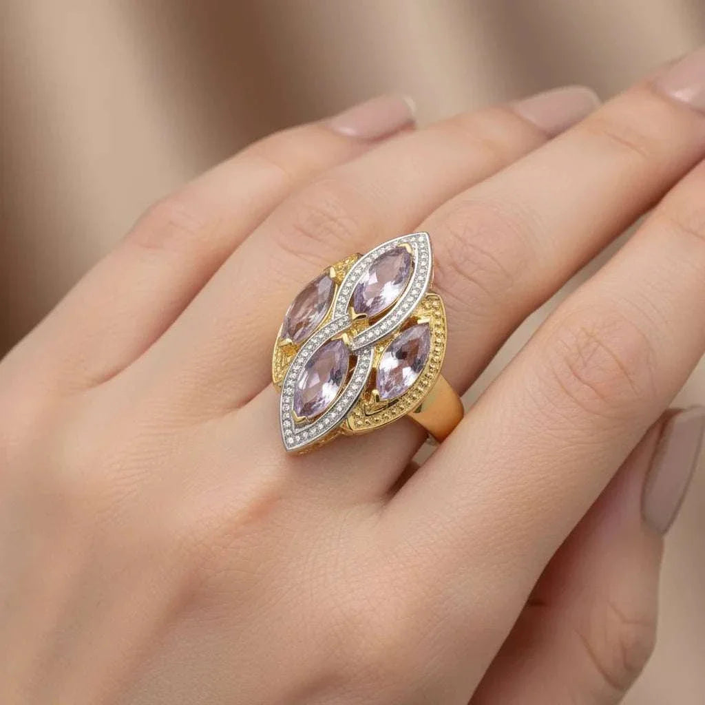 Marcel Drucker designer ring size 8 with 2.4 CTW marquise-cut amethyst and round diamonds in 14K gold plated sterling silver