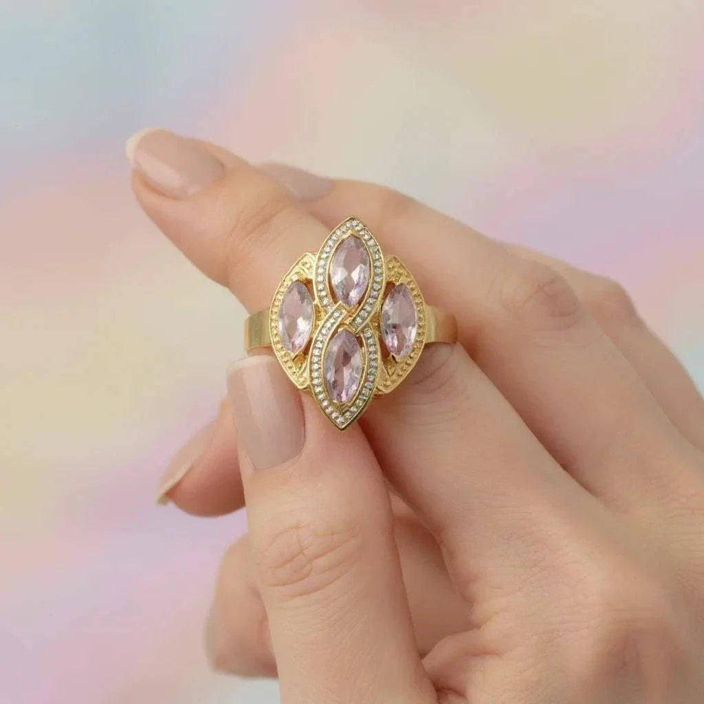 Marcel Drucker designer ring with marquise amethyst and diamond accents in 14K gold plated sterling silver size 8