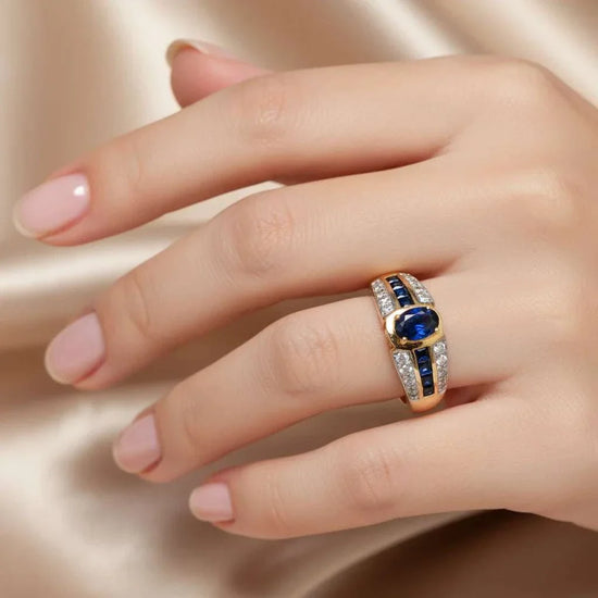 Women’s 14K yellow gold plated sterling silver ring with oval sapphire and diamond accents size 7