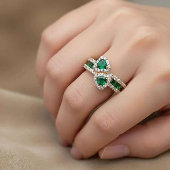 Women's 14K yellow gold over silver ring with heart-cut and emerald-cut emeralds surrounded by round-cut diamonds,size 7