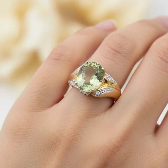 Green amethyst and diamond ring with oval-cut gemstone, 14K gold plated sterling silver, worn on finger
