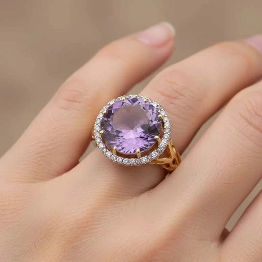 beautiful amethyst ring with 5.50 CTW purple amethyst and 18 diamond accents in 14K yellow gold plating