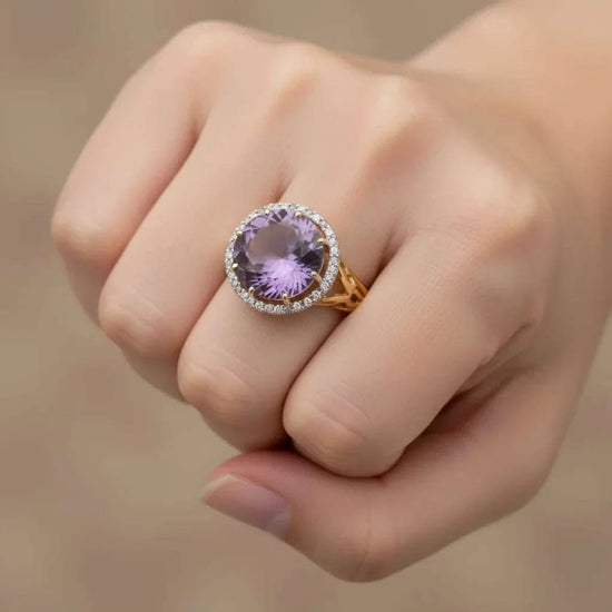 Beautiful Amethyst ring with 5.50 CT purple gemstone and diamond accents in 14K yellow gold plating on hand