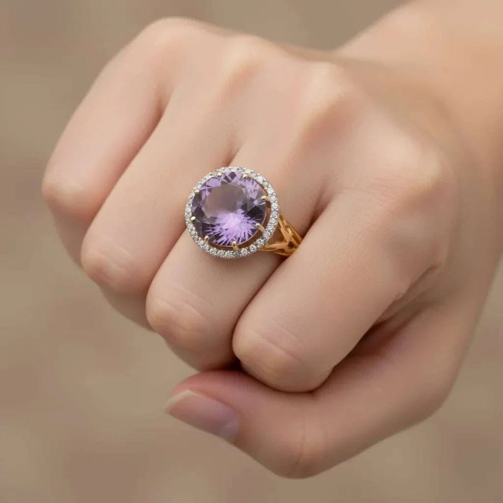 Beautiful Amethyst ring with 5.50 CT purple gemstone and diamond accents in 14K yellow gold plating on hand