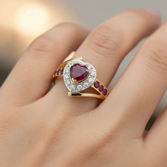 Women's 14K gold over silver ring with heart-shaped ruby and diamond accents, size 7