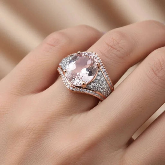 Gorgeous women’s 10K rose gold Morganite ring with oval-cut pink Morganite and white Zircon gemstones