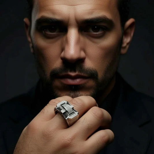 Close-up of man wearing men’s 14K white gold diamond ring with sterling silver and round-cut diamonds