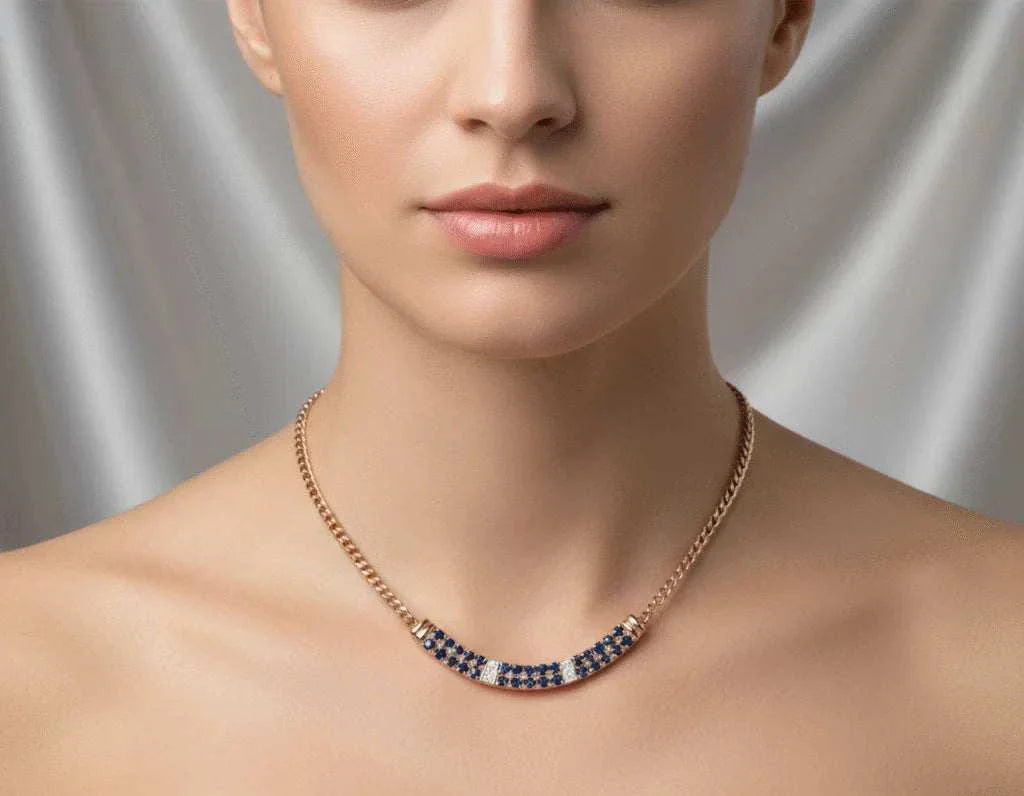 Women’s 18K yellow gold over sterling silver necklace with sapphires and diamonds on model