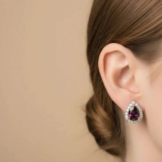 18K yellow gold over sterling silver women's droplet earrings with pear-cut garnet and round diamonds