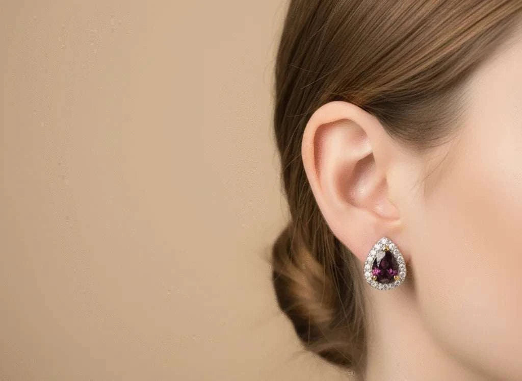 18K yellow gold over sterling silver women's droplet earrings with pear-cut garnet and round diamonds