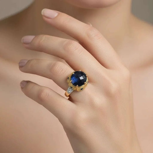 Women's 14K gold plated silver ring with round blue gemstone and diamond accents, size 7