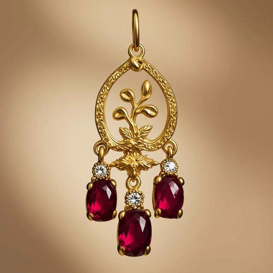 Women’s 18K yellow gold chandelier earrings with sterling silver, rubies, and diamond accents