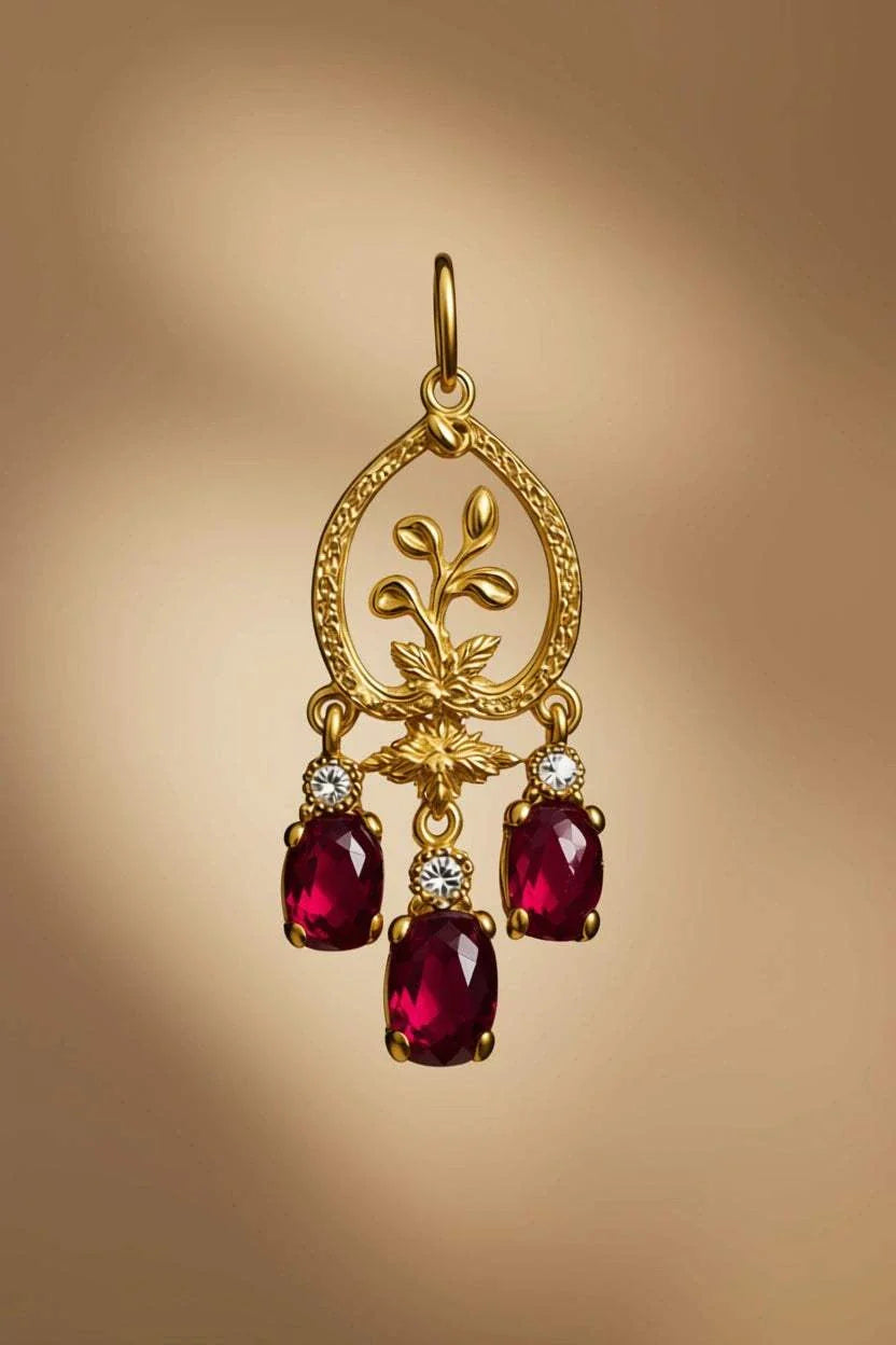 Women’s 18K yellow gold chandelier earrings with sterling silver, rubies, and diamond accents