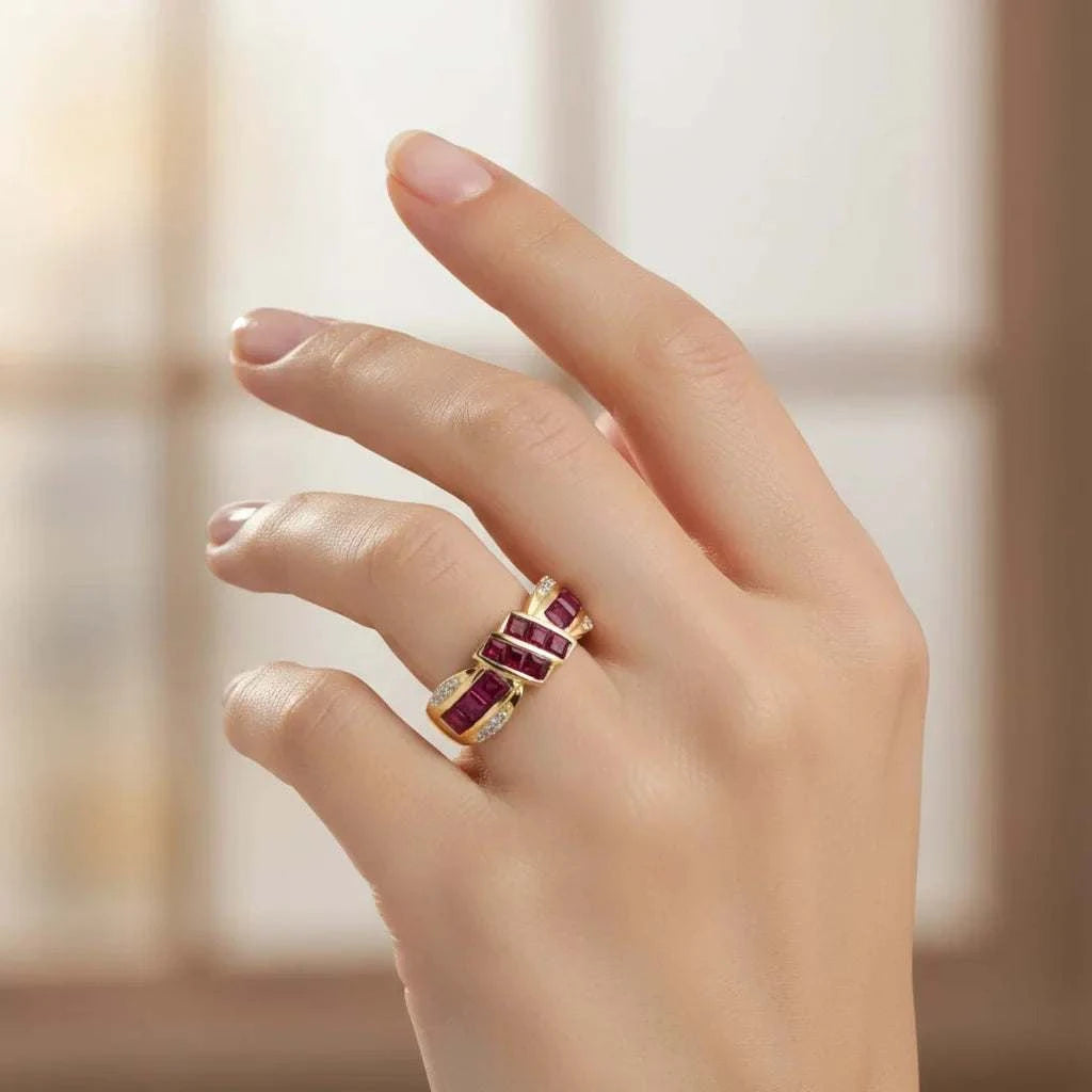 Gorgeous womens ring with 14K yellow gold, sterling silver, ruby centerpiece, and diamond accents