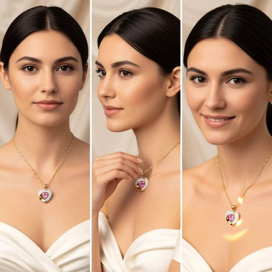 Women’s 14K yellow gold necklace with heart-cut pink topaz and round-cut diamonds worn by model