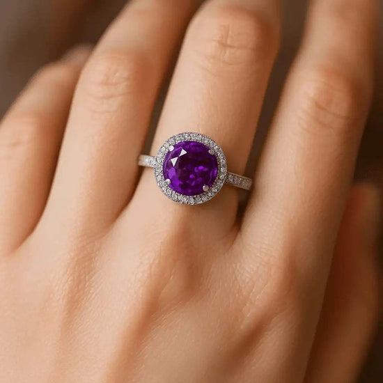 Radiant womens ring with 1.76 CTW round amethyst, diamonds, sapphire in 14K white gold over sterling silver, size 7