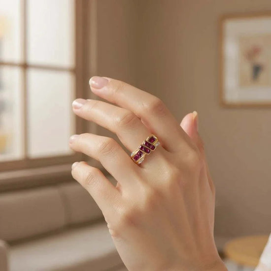 Gorgeous womens ring with ruby and diamond in 14K yellow gold over sterling silver