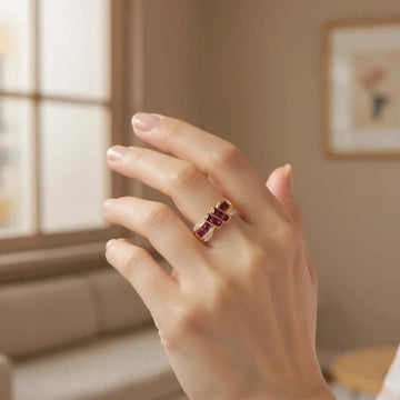 Gorgeous womens ring with ruby and diamond in 14K yellow gold over sterling silver