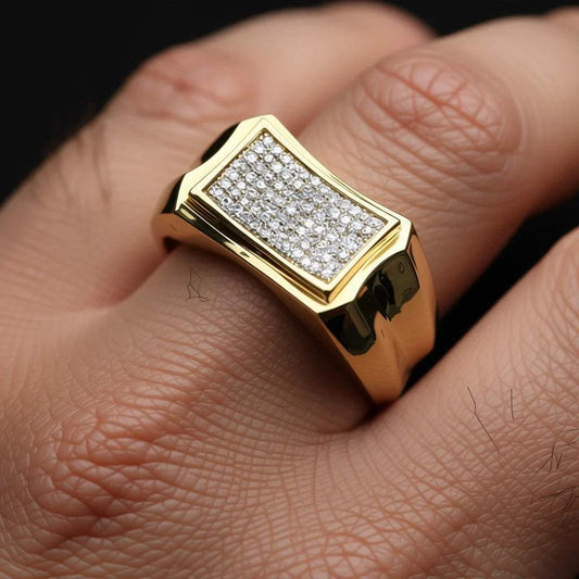 Mens 14K yellow gold diamond ring in size 11 with sterling silver base and round cut stones