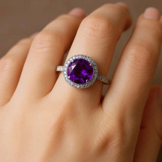 Radiant women's ring with round cut 1.76 CTW amethyst, diamonds, sapphire in 14K white gold over sterling silver size 7