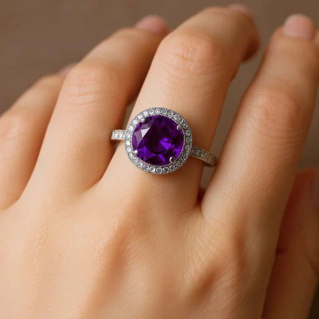 Radiant women's ring with round cut 1.76 CTW amethyst, diamonds, sapphire in 14K white gold over sterling silver size 7