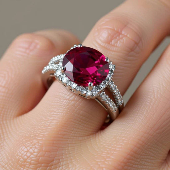 Gorgeous women’s 14K white gold ruby and diamond designer ring size 7 with oval ruby center and round diamonds
