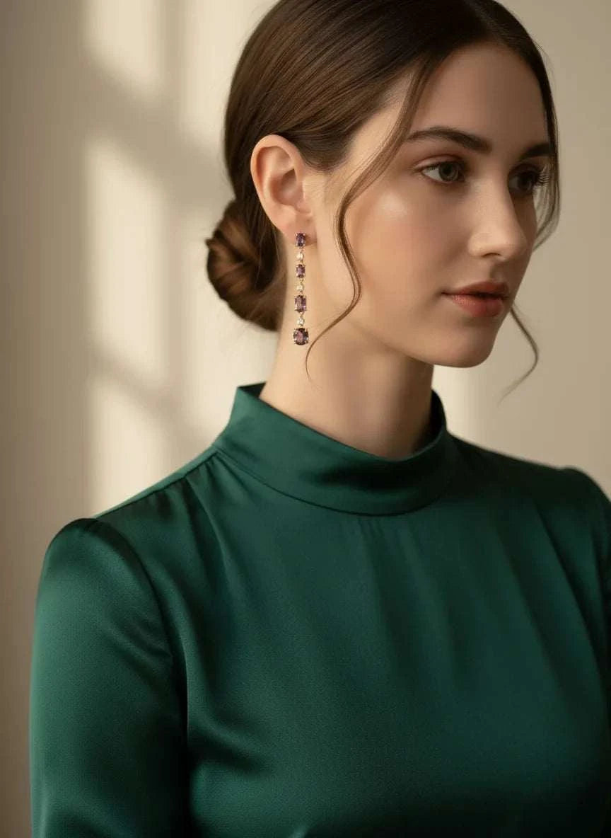 Women 18K yellow gold over sterling silver earrings with amethyst and diamond stones