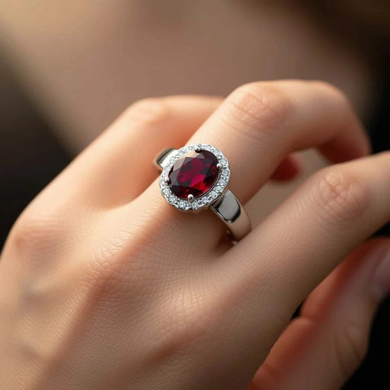 Ladies’ sterling silver ring with 2.50 CTW oval garnet and white topaz accents, size 7