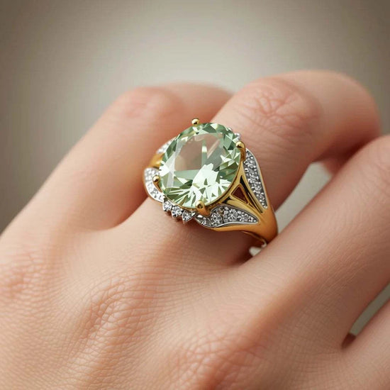 Green amethyst and diamond ring with 14K gold plating on sterling silver, featuring oval-cut green amethyst and round diamonds