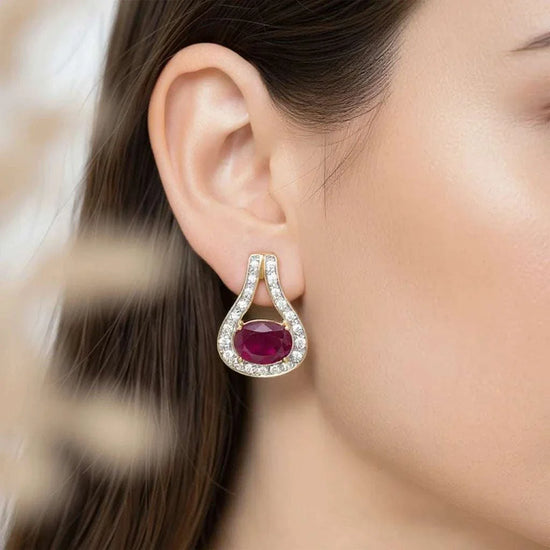 Women’s 18K yellow gold over sterling silver teardrop earrings with AA-grade oval ruby and round-cut diamond accents
