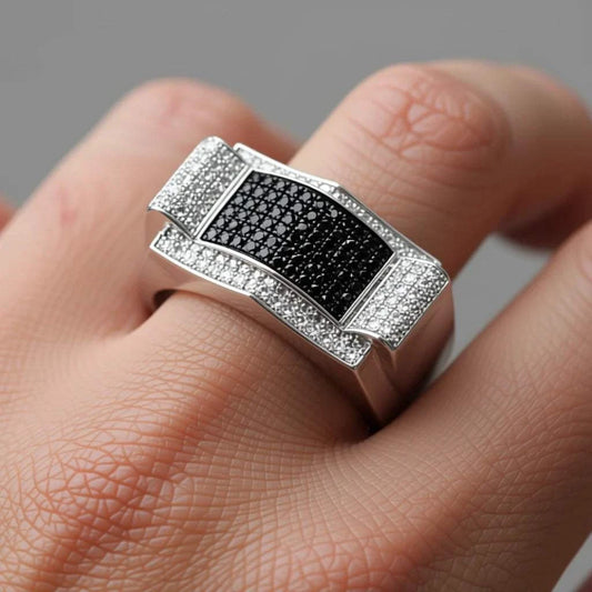 Men’s 14K white gold over silver ring with 1.0 CTW black and white round diamonds, size 11, bold designer setting