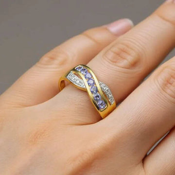 Women's 14K yellow gold plated sterling silver ring with AAA-grade blue tanzanite and near-colorless diamonds, size 7.25