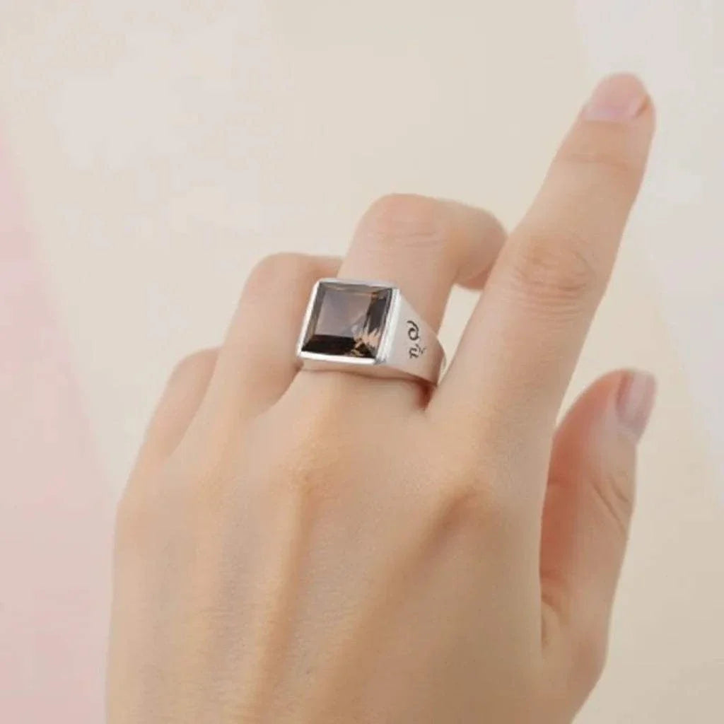 Marcel Drucker designer ring with 5.99 CTW princess-cut brown topaz and diamond accents in sterling silver with white gold rhodium finish, size 8.