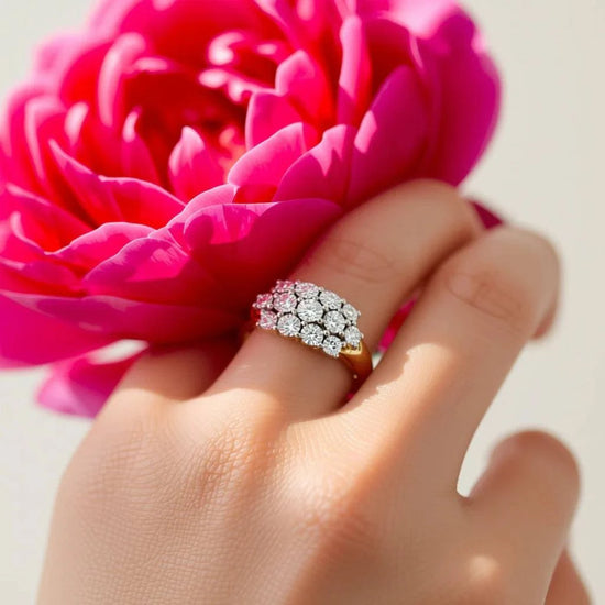 Brilliant ladies sterling silver diamond ring size 7 on hand with pink flower background
